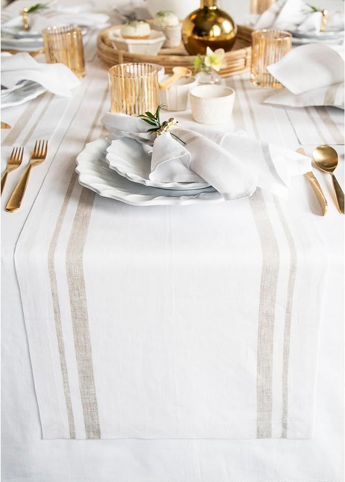 Solino Home Stripe Linen Table Runner 108 inches long – 100% Pure Linen Summer Natural and Whit... | Amazon (US)