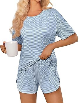 JUSTFASHIONNOW Womens Pajama Sets Shorts Striped Print Two Piece Lounge Sets Crew Neck Sleepwear ... | Amazon (US)