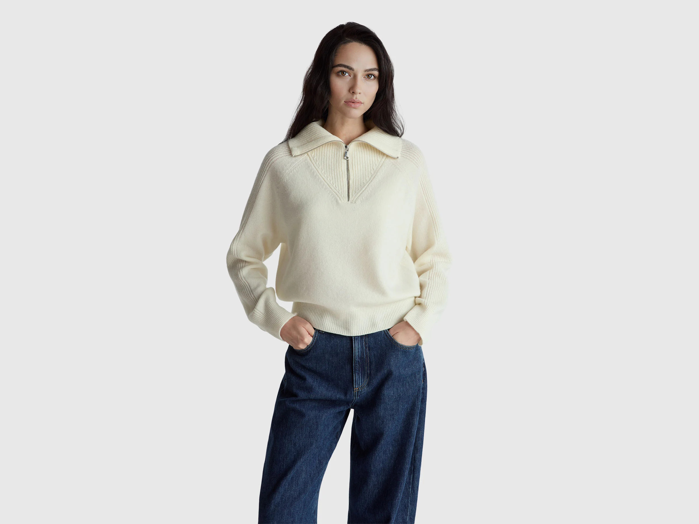 Suéter 100% lana con media cremallera - Blanco Crema | Benetton | Benetton (EU)