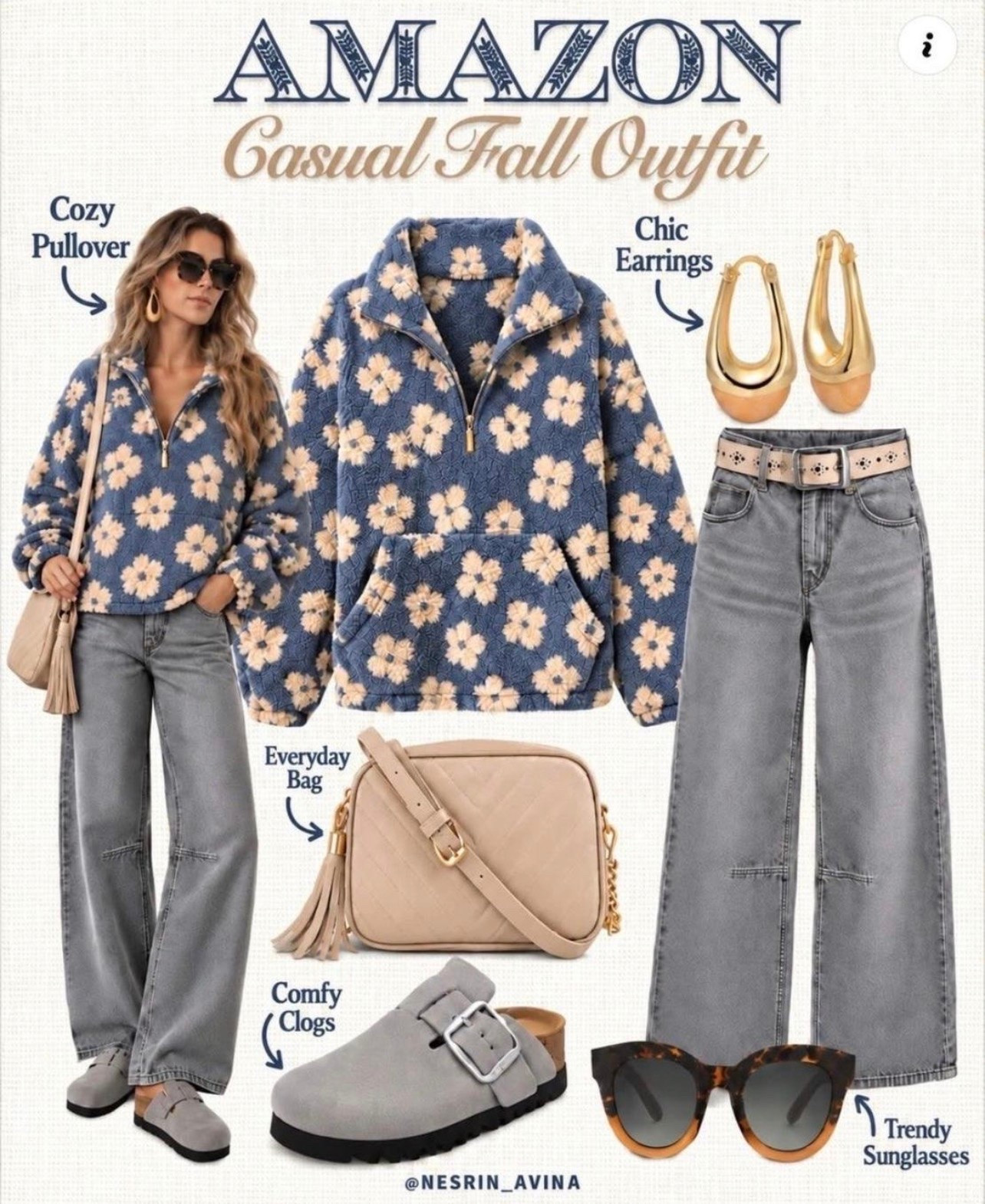 Fall outfit.  Cozy fleece sweater 
Grey jeans
Denim 
Outfit idea