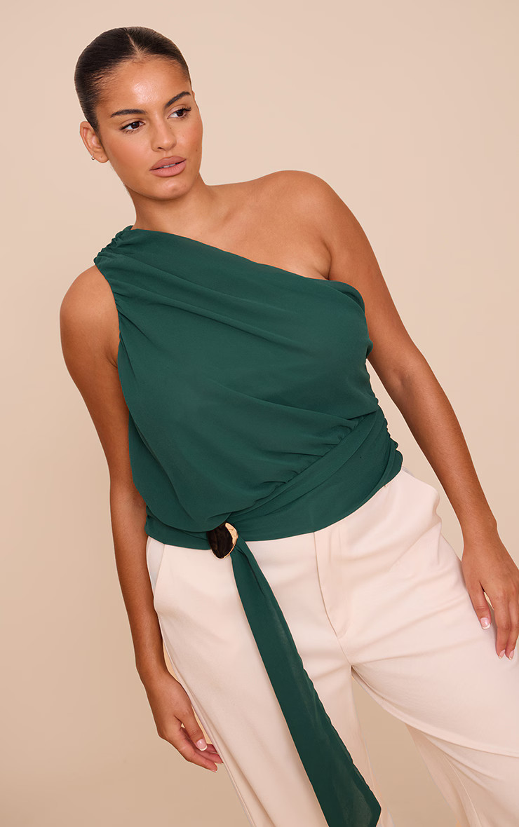 Plus Forest Green Chiffon One Shoulder Ruched Trim Drape Top | PrettyLittleThing US