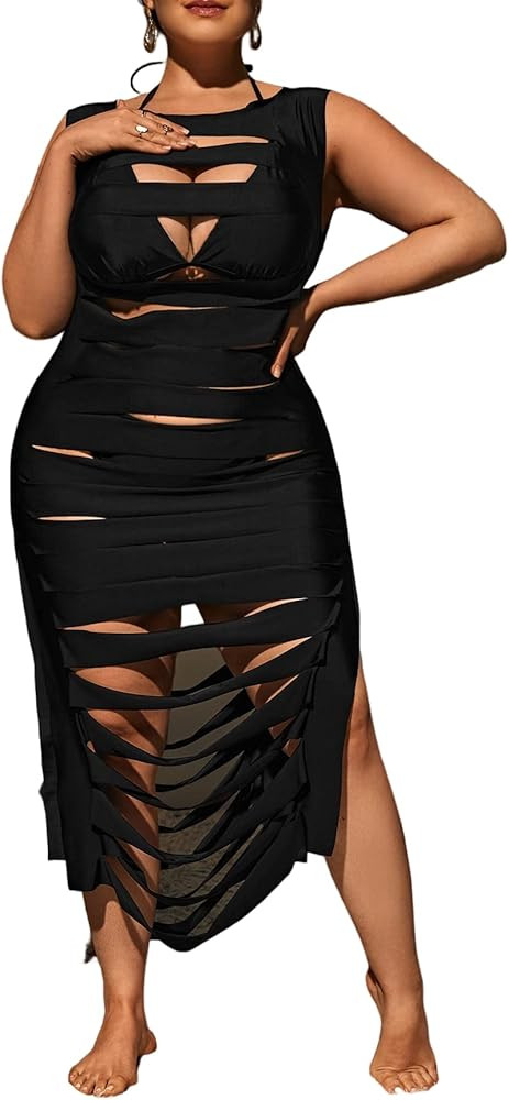 Women's 3 Piece Swimsuits Plus Size Halter Triangle Bikini Bathing Suit with Cut Out Cover Up | Amazon (US)