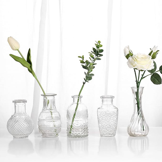 Set of 5 Single Bud Vase Small Glass Vase for Centerpiece Vintage Style,Thick Vase for Events,Hom... | Amazon (US)