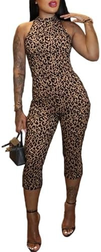 Women's Leopard Print Romper Sexy Bodycon Jumpsuits Sleeveless Backless Capri Leggings Club Outfi... | Amazon (US)