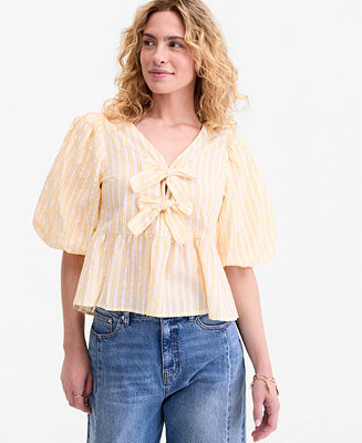 Women's  Puff-Sleeve Tie-Front Peplum Blouse, Macy's Exclusive | Macy's