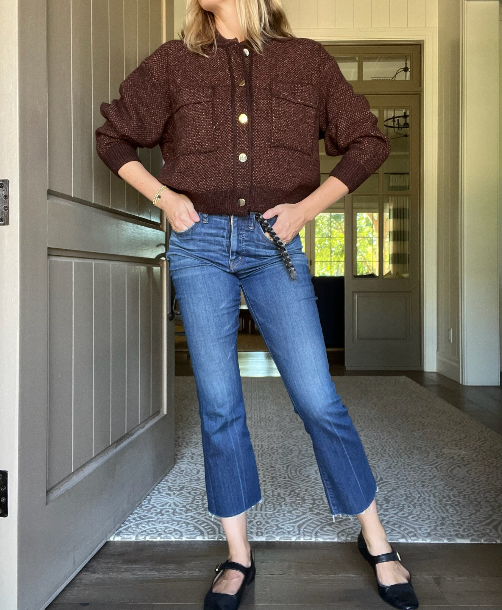 Fall Outfit of the Day: bomber style cardigan with gold buttons, jeans and black Mary Jane flats. Love this bomber style cardigan! It has a heavier weight and could be worn as a jacket and left open over  at-shirt, dress or cami. TTS. Laura wearing a small here. 





Brown cardigan
Jeans
Mary Jane shoes

#LTKstyletip #LTKover40 #LTKSeasonal