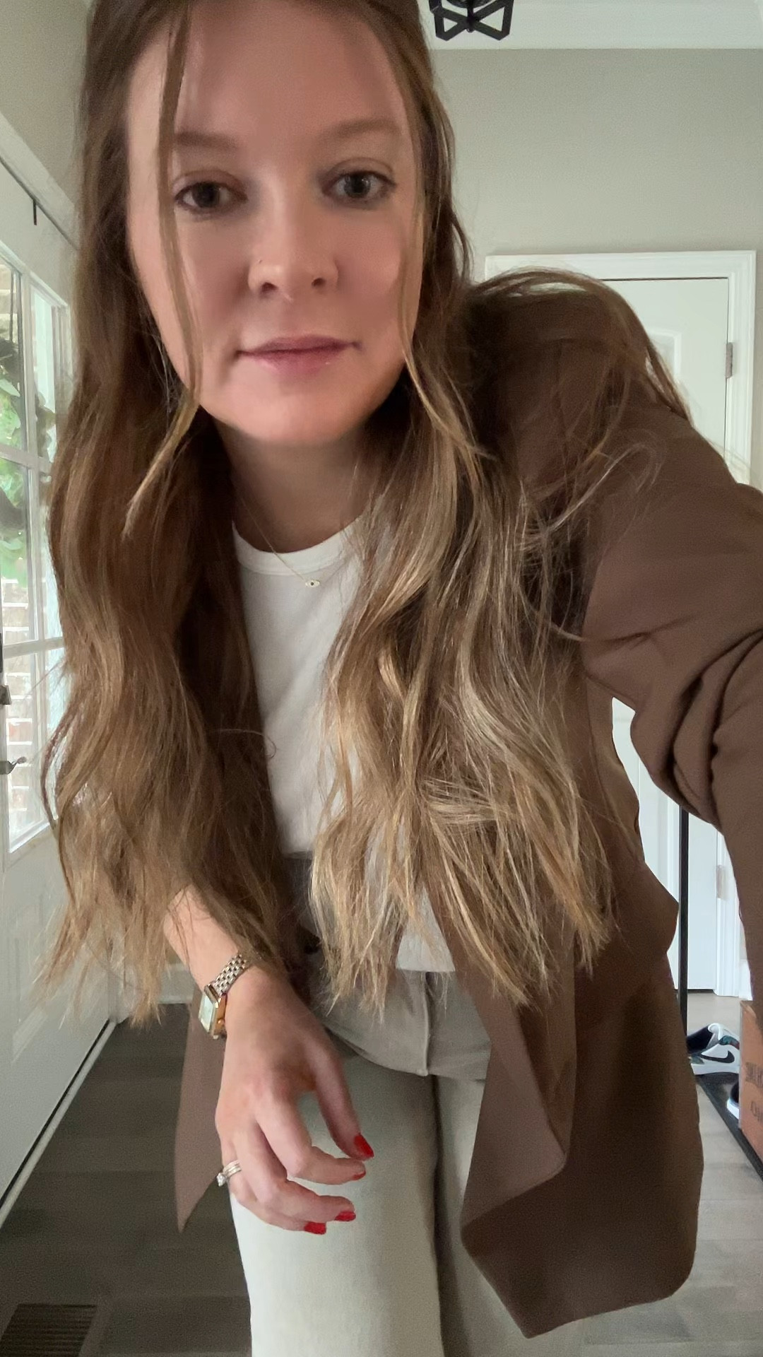 Beige wide leg jeans / tts wearing an 8
Brown blazer / tts wearing a medium 
White tshirt / tts wearing a medium 
Evil eye necklace 
Two tone watch 
Brown sandal heels 

#LTKootd #LTKdayinmylife #LTKWorkwear