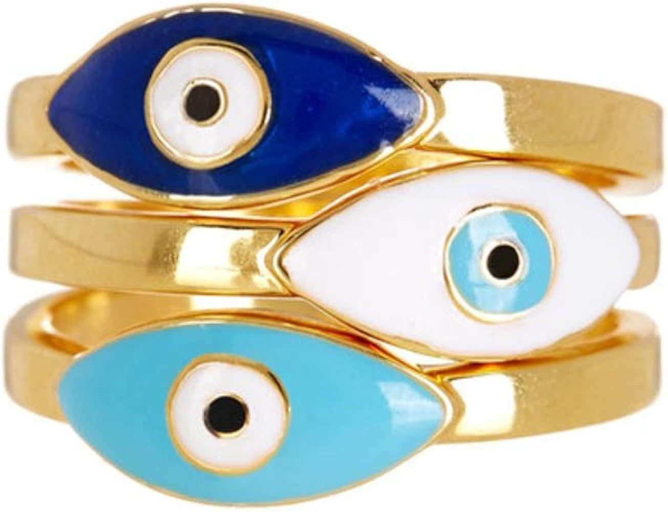 Sterling Forever - Gold Plated 3-Piece Enamel Evil Eye Ring Set for Protection, Strength, and Hea... | Amazon (US)