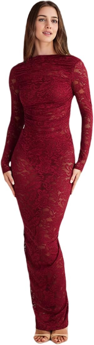 JUMISEE Women's See Through Lace Long Sleeve Maxi Dress Sexy Ruched Backless Bodycon Cocktail Dre... | Amazon (US)