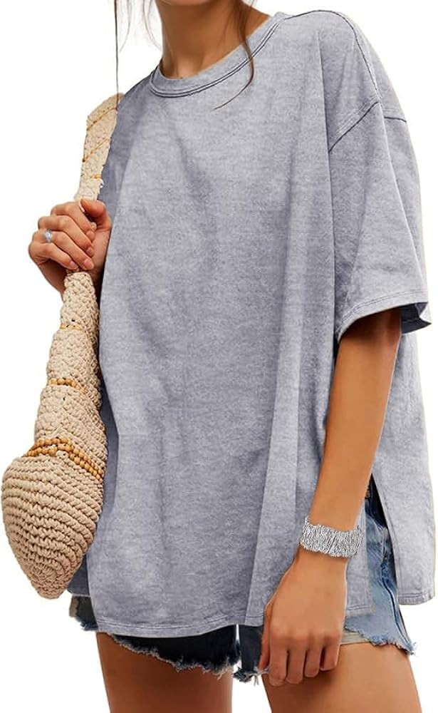 UNCLECAT Womens Oversized T Shirts Summer Trendy Short Sleeve Crew Neck Tops Loose Fit Side Slit ... | Amazon (US)