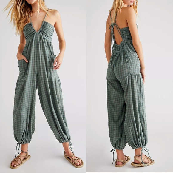 Free People Green Checkered Jumpsuit | Poshmark