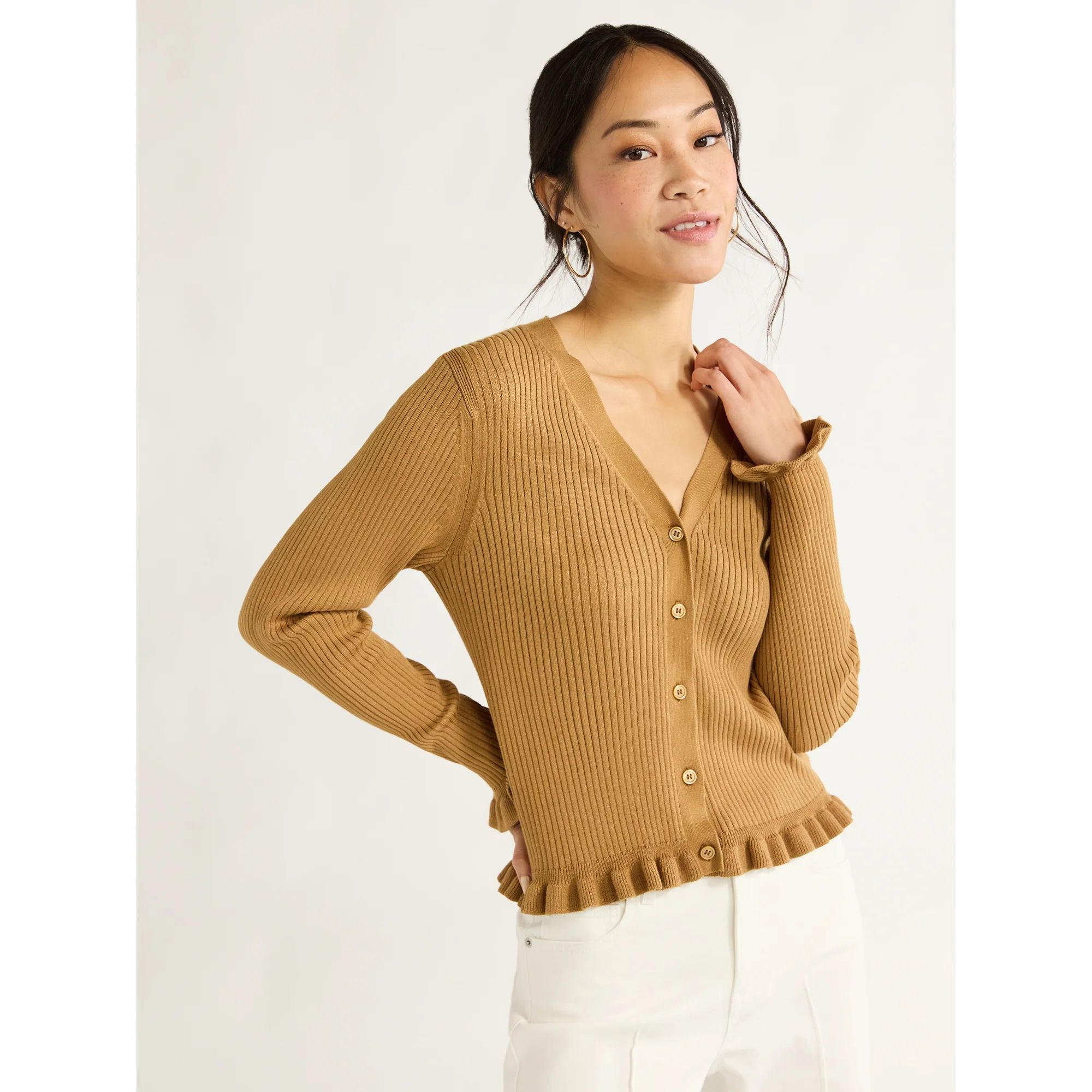 Free Assembly Women's Ruffle Hem Cardigan Sweater with Long Sleeves, Lightweight, Sizes XS-XXL | Walmart (US)