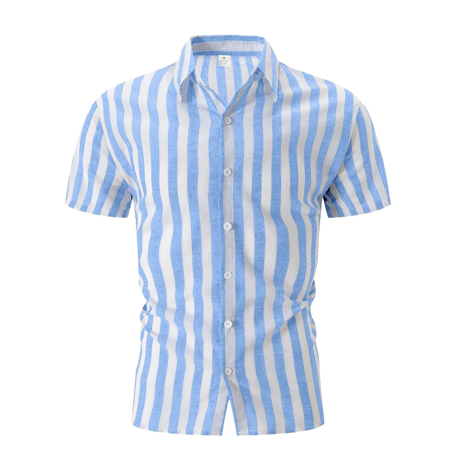 Mens Shirts Short Sleeve Striped Beach Casual Lapel Button Down Summer Shirt Sky Blue M | Walmart (US)