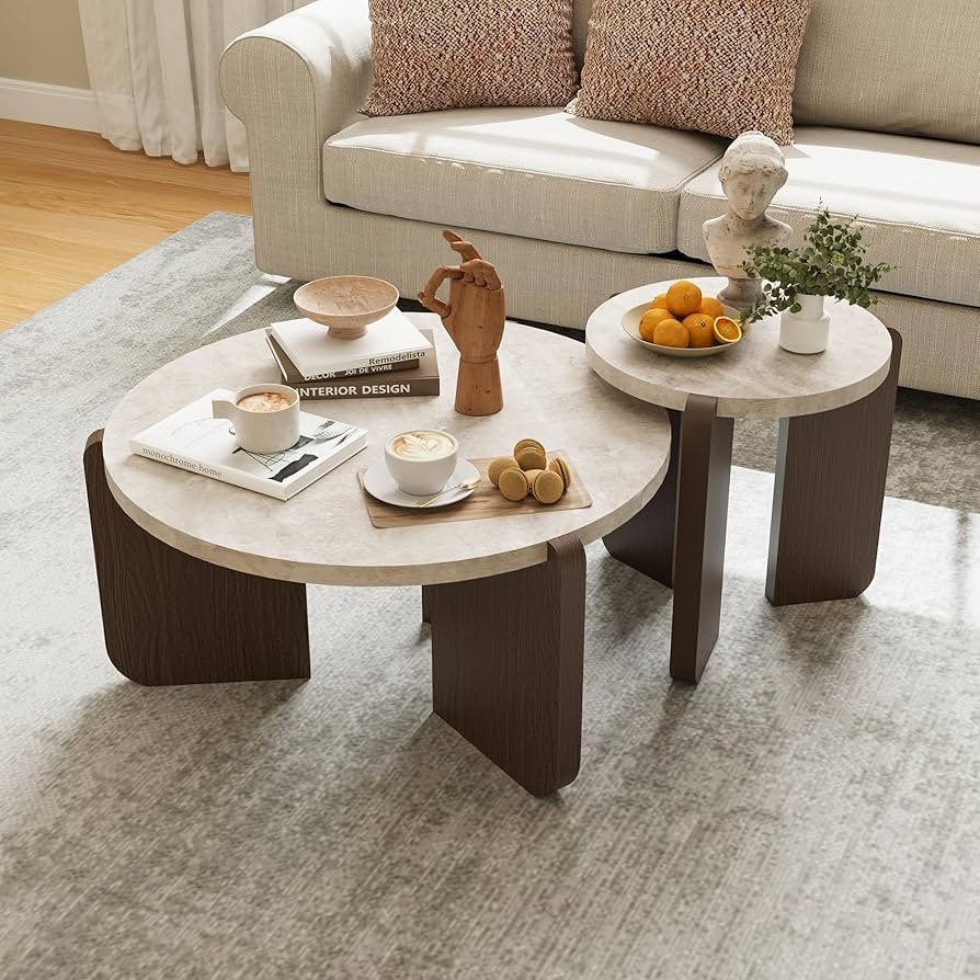 COSIEST Modern Round Coffee Table & Side Table Set, Faux Marble Wood Top, Walnut & Cream White Le... | Amazon (US)
