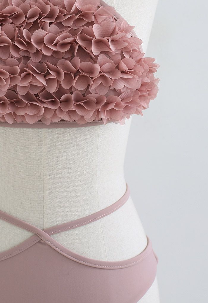 3D Petal Triangle Self-Tie Bikini Set in Light Pink | Chicwish