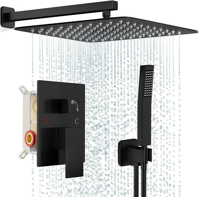 Black Shower Faucet Set, Rainfall Shower System with Square Shower Head and Handle Set, Wall Moun... | Amazon (US)
