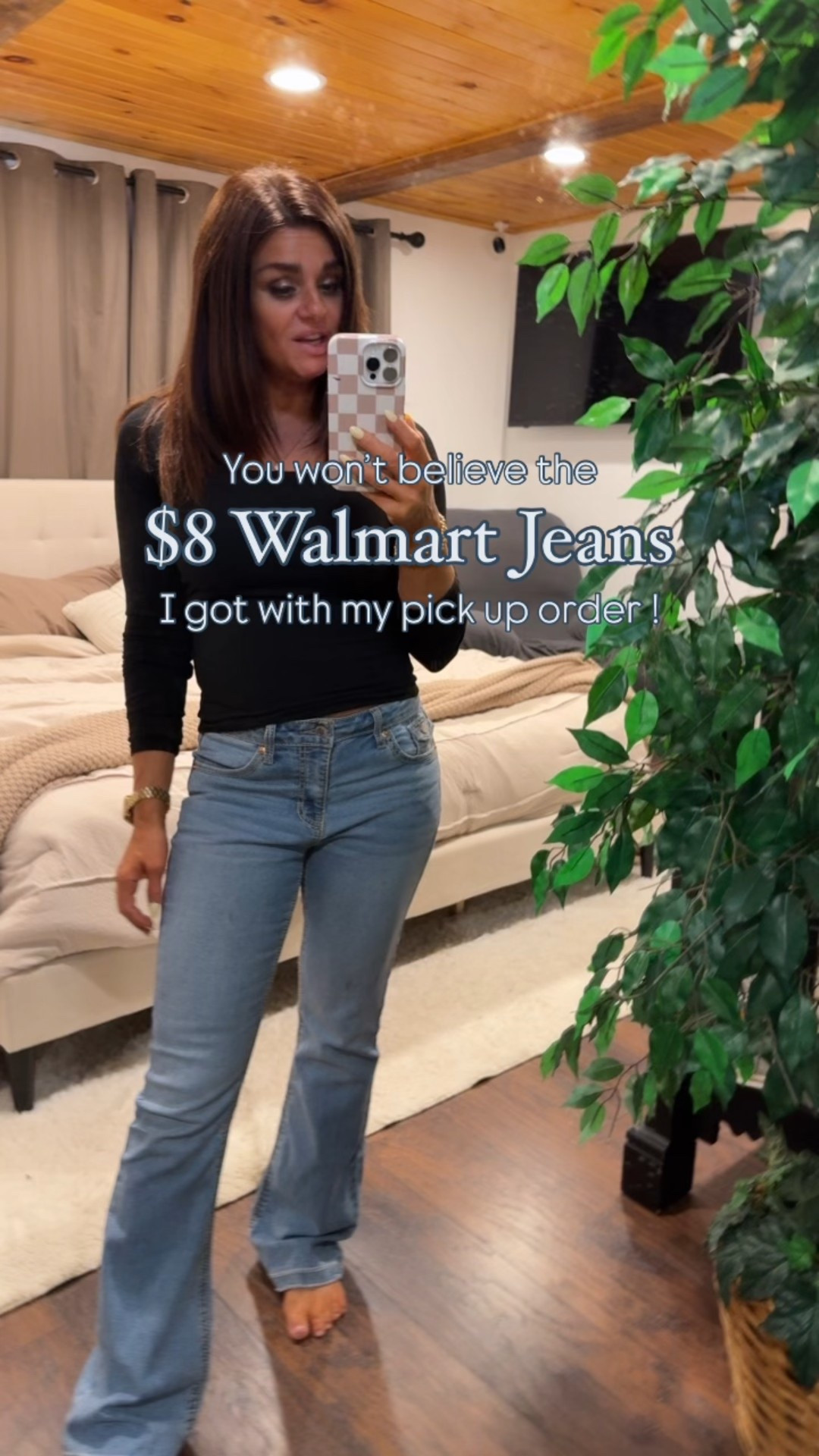 Wearing size 6. I’m usually a size 2 to 4 so definitely size up.   These are more of a boot cut.  Cute pockets perfect pocket placement.   This is for the girls that don’t like wearing high-rise or high-rise. It’s just not flattering and it bags out on you and mid to low rise is a better fit. These are perfect and they’re so affordable for reference. I am 5 foot 3 1/2 and they’re still a little bit of length too. 

#LTKStyleTip #LTKPetite