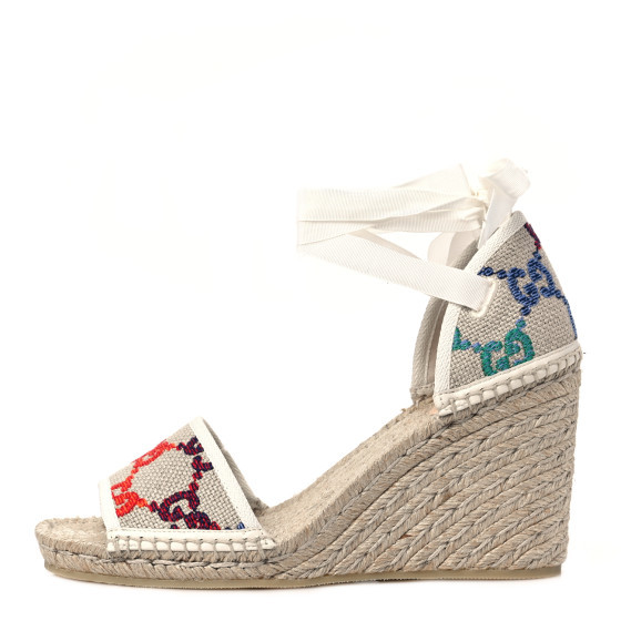 GUCCI Linen Psychedelic Mini GG Monogram Ankle Wrap Platform Espadrille Wedge Sandals 40.5 Multicolo | FASHIONPHILE (US)