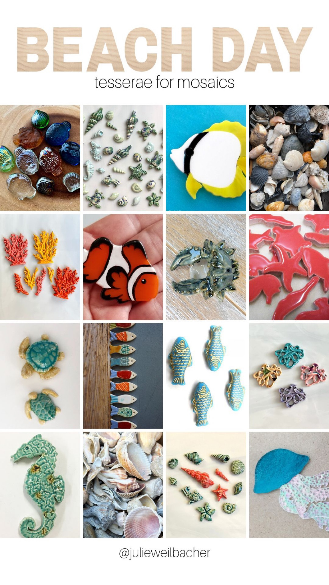 Beach life is a good life…so why not bring a beach vibe into your next mosaic? Here’s some tesserae to inspire your next beach-themed art. Choose from fish, shells, octopus, crabs, jelly fish, turtles, coral, seahorse, and shells. There are lots of colors, textures, and materials in this grouping. 

For mosaic tips, tutorials, inspiration, and so much more please visit my YouTube channel: YouTube.com/julieweilbacher. 

Follow @julieweilbacher on Instagram for all things mosaic including mixed media mosaic, mosaic art, mosaic, mixed media art, art studio, mosaic studio, mosaic workshop, art workshop, mosaic tesserae, mosaic materials, stained glass, mosaic home decor, mosaic wall art, mosaic projects, mosaic crafts, beginner art, mosaic workshop, beginner mosaic, fine crafts, broken tile crafts, broken tile mosaics, broken tile art, pique assiette, pique assiette mosaic, piccassiette, sea life, salt life, beach life, beach decor, lake decor, beach crafts, fish, shells, crabs, octopus, turtles, coral, seahorse.

#LTKhome #LTKFind #LTKSeasonal
