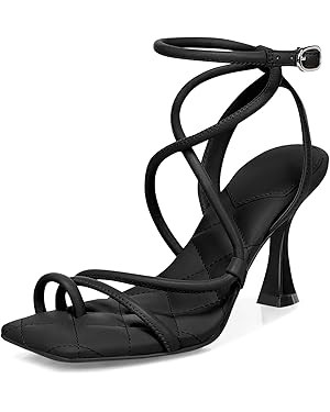 Coutgo Sandalias de tacón cuadrado con tiras para mujer, sandalias de tacón de gatito, acolchad... | Amazon (US)