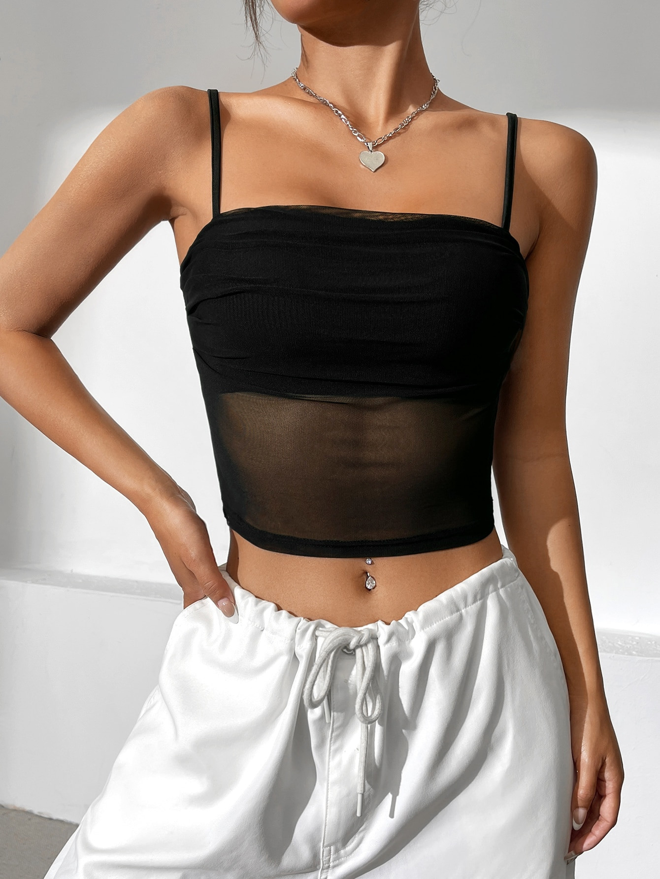 SHEIN EZwear Summer Black TopContrast Mesh Crop Cami Top | SHEIN