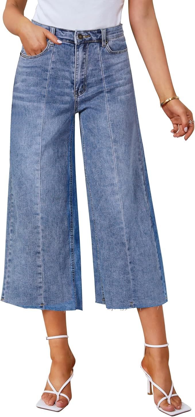 GRAPENT Jean Capris for Women Wide Leg Jeans High Waisted Seamed Front Raw Hem Denim Capri Pants ... | Amazon (US)