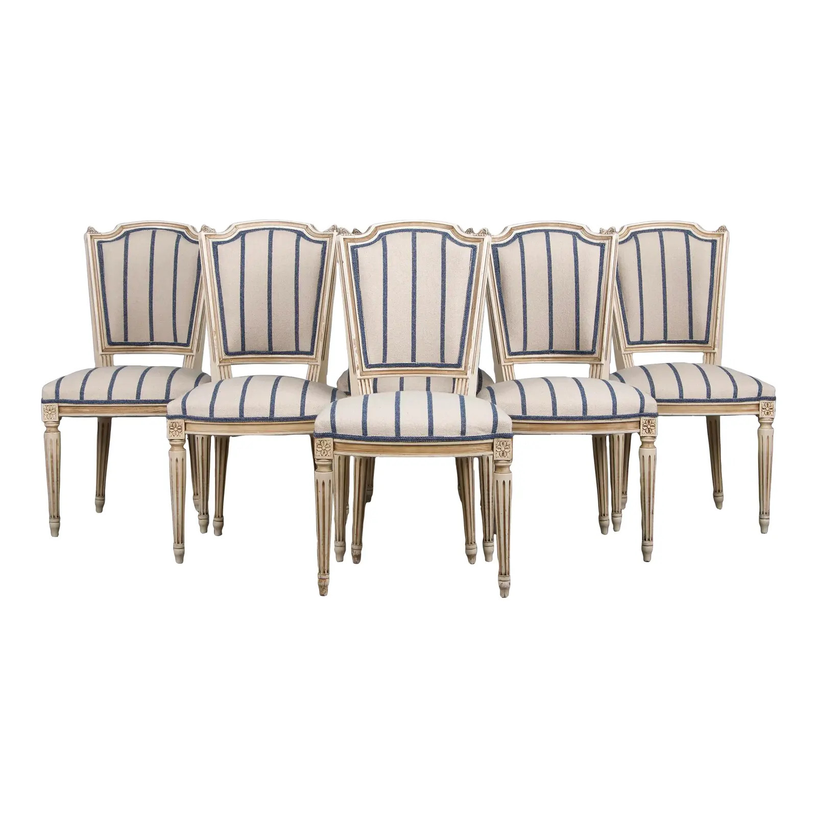 Antique French Louis XVI Style Painted Dining Chairs W/ Striped Fabric - Set of 6 | Chairish
