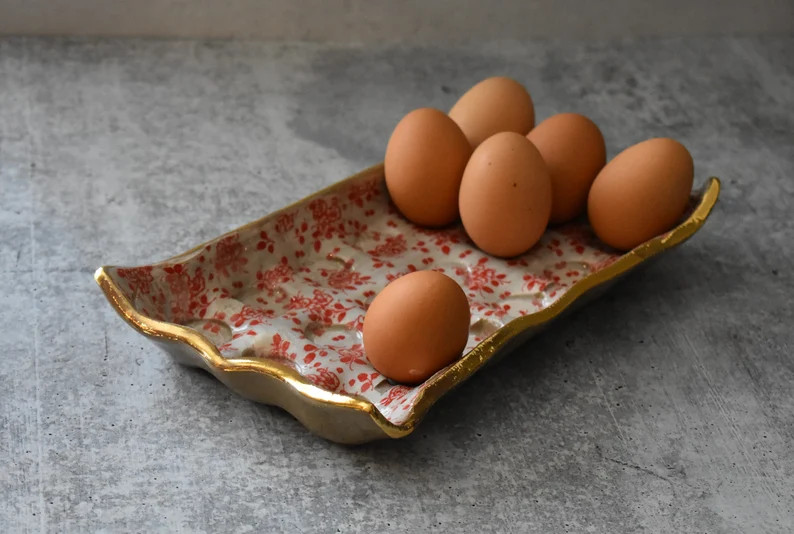 Red and Gold Ceramic Egg Tray, Egg Crate, Handmade Pottery, Housewarming Gift, Unique Handmade Gi... | Etsy (US)