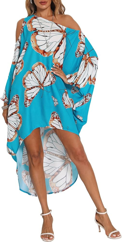 Womens Plus Size Summer Off Shoulder Kaftan Cover Up Tshirt Maxi Beach Boho Swing Dress | Amazon (US)