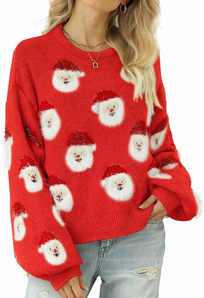 Rixiland Christmas Sweater for Women Santa Print Cute Fuzzy Merry Xmas Claus Holiday Pullover Cre... | Amazon (US)