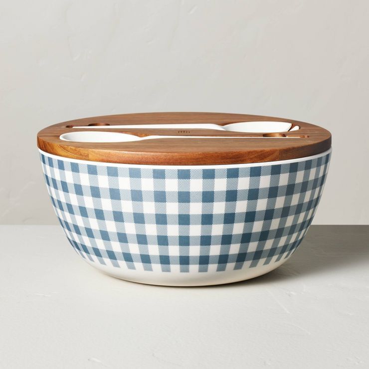 127oz Gingham Bamboo-Melamine Serve Bowl with Wood Lid and Utensils Blue/Cream - Hearth & Hand™... | Target