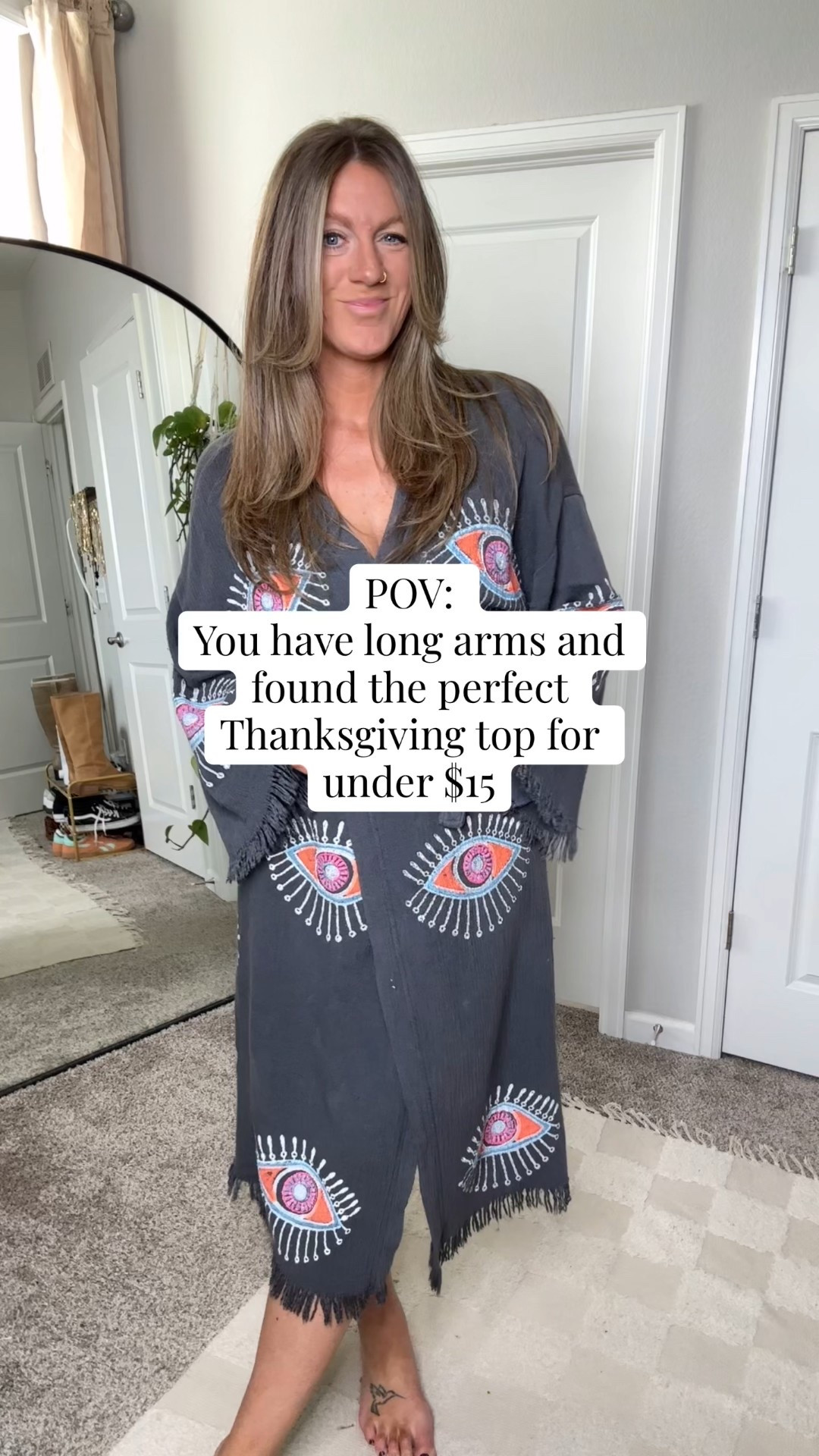 The perfect thanksgiving top for long arms and under $15! Wearing a large (tts) 
10/30 tall jeans, medium skirt, 11 boots (🇨🇦 links saved as similar items) 

#LTKOver40 #LTKTall #LTKHoliday