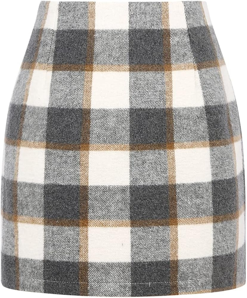 Kinghua Womens Wool Plaid Mini Skirt Fall Winter High Waisted Bodycon Pencil Skirt | Amazon (US)