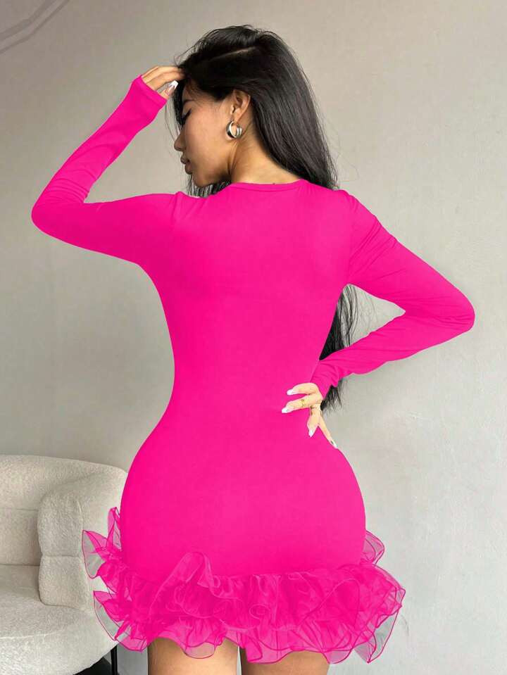 SHEIN SXY Women's Long Sleeve Multi Layer Lace Hem Dress | SHEIN