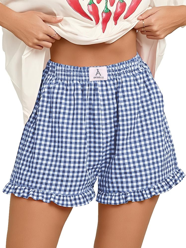 ANRABESS Womens Ruffle Boxer Shorts Pajama Gingham Shorts Summer Casual Lounge Sleep Plaid Beach ... | Amazon (US)