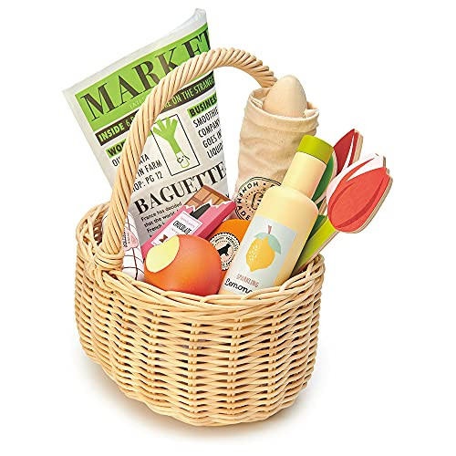 Tender Leaf Toys - Wicker Shopping Basket - Handcrafted Rattan Basket with Handle - Wooden Picnic Basket Playset, Supermarket Shopping Game, 15 Pcs Pretend Play Food Set - Age 3+ | Amazon (US)
