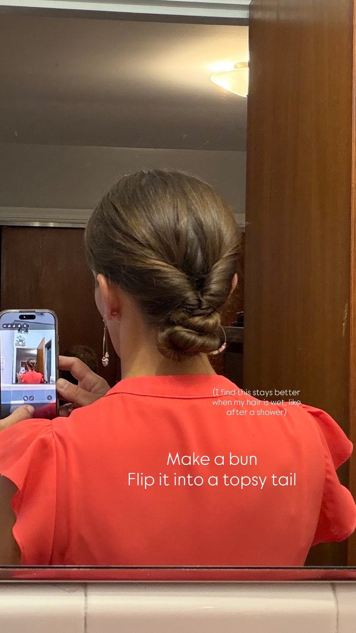 Make a bun
Flip it into a topsy tail (I find this stays better when my hair is wet, like after a shower)