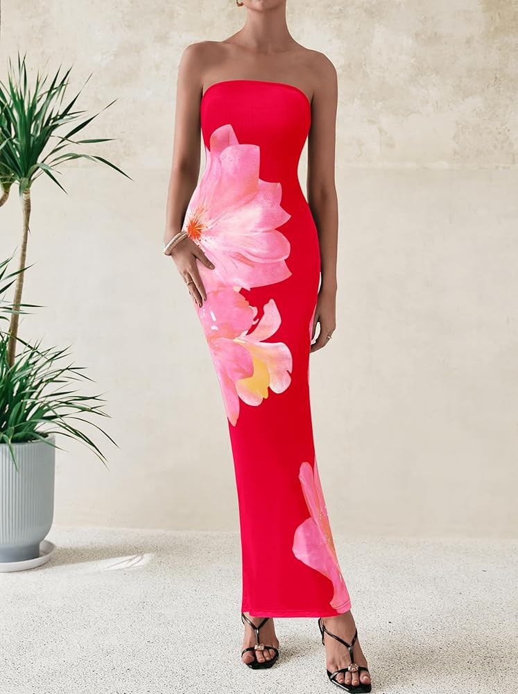 Amazon.com: PRETTYGARDEN Women Summer Strapless Maxi Dress Bodycon Floral Sexy Long Wedding Guest... | Amazon (US)