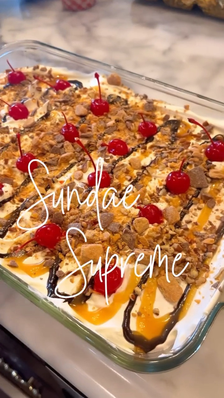 Sundae Supreme 
Layer in a glass casserole dish: 
12 ice cream sandwiches 
Chocolate syrup 
Cool whip 
Caramel sauce 
Chopped pecans 
@butterfinger crushed topping 
Top it with cherries 

Cover with Saran Wrap and foil wrap to prevent freezer burn.  Place in the freezer overnight or a minimum of 5 hours to set up.  Set this dish out 15 minutes before serving.  This will be a crowd pleaser! 🍒 Enjoy ~XXAP