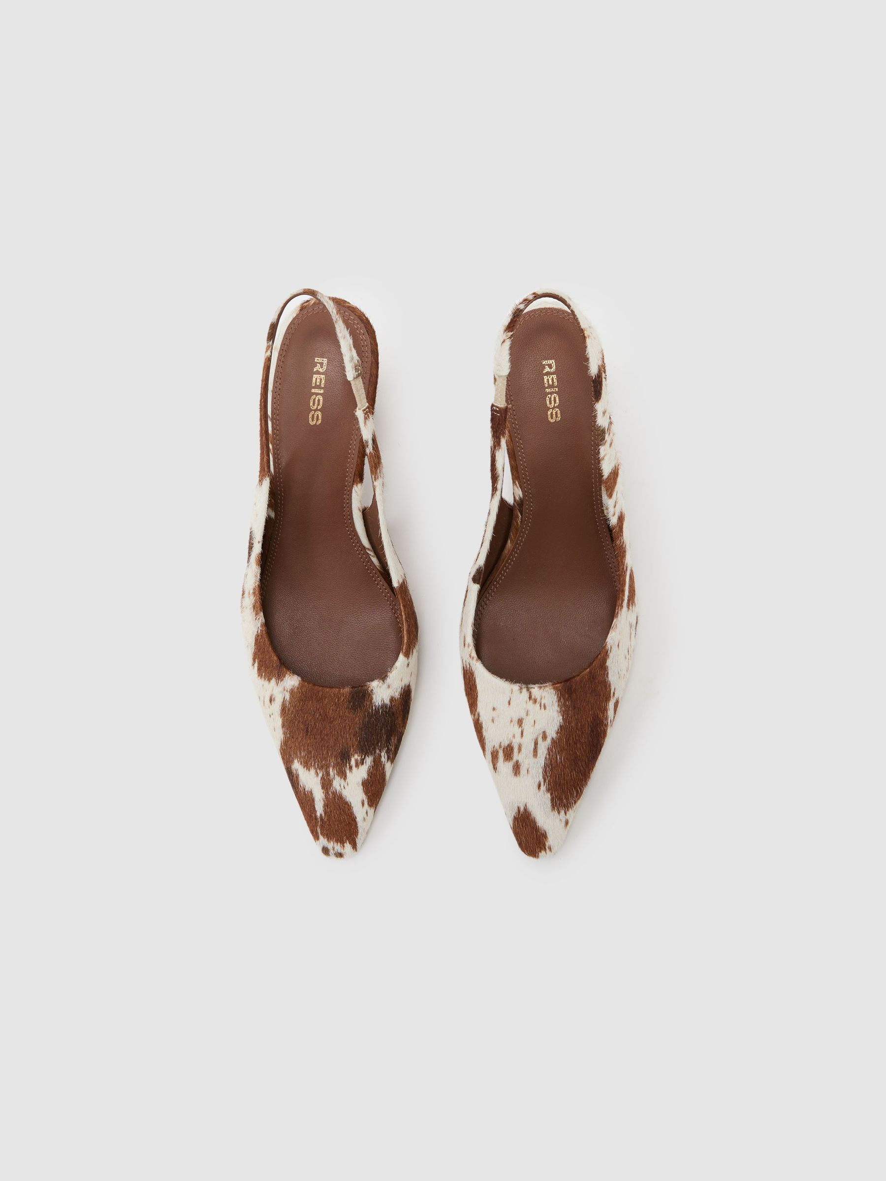 Reiss Leather Cow-Print Slingback Court Shoes in Brown - REISS | Reiss UK