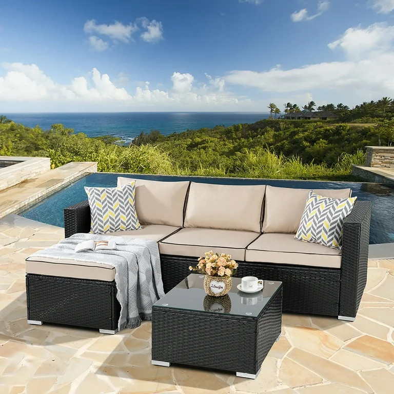Walsunny 3 Piece Outdoor Furniture Sectional Sofa Patio Set with Black Rattan Wicker Khaki | Walmart (US)