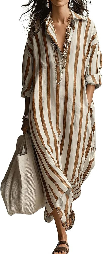 chouyatou Womens Summer Boho Striped Cotton Dress Long Sleeve Lapel Collar Beach Shirt Dress with... | Amazon (US)