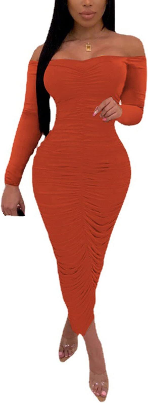 Women's Sexy Ruched Dress Off Shoulder Long Sleeve Elegant Bodycon Midi Party Dresses | Amazon (US)