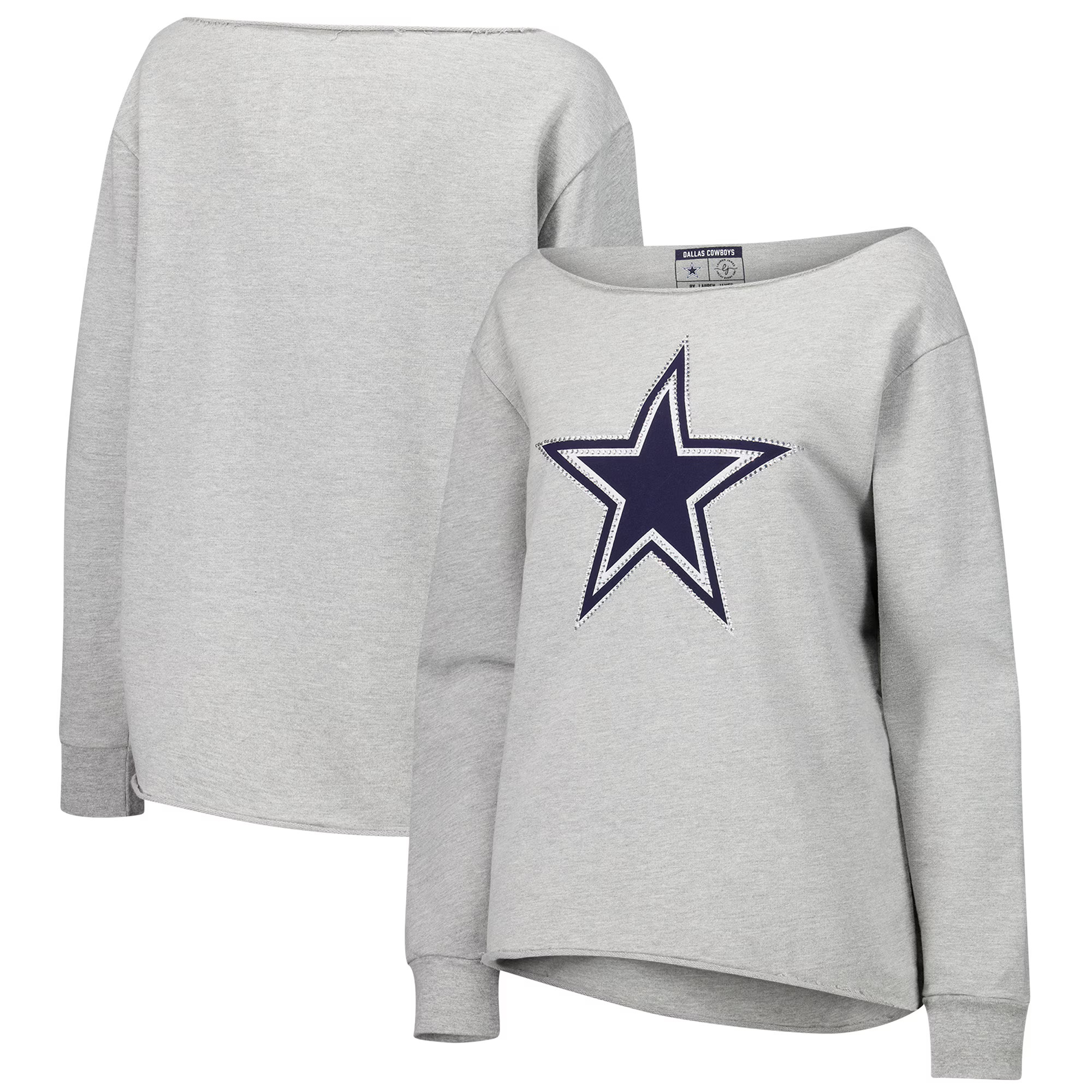 Women's Dallas Cowboys Lauren James Heather Gray Shoulder Off Sweat Rhinestone Long Sleeve T-Shir... | NFL Shop