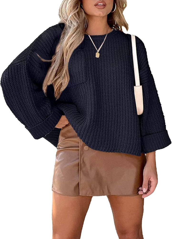 KIRUNDO Winter Women's Long Sleeve Crewneck Oversized Sweaters Solid Color Pocket Comfy Chunky Kn... | Amazon (US)