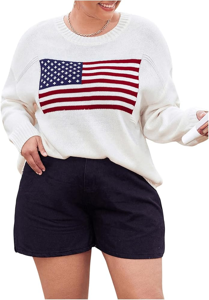 GORGLITTER Women's Plus Size American Flag Sweater Long Sleeve Round Neck Ribbed Knit Pullover To... | Amazon (US)