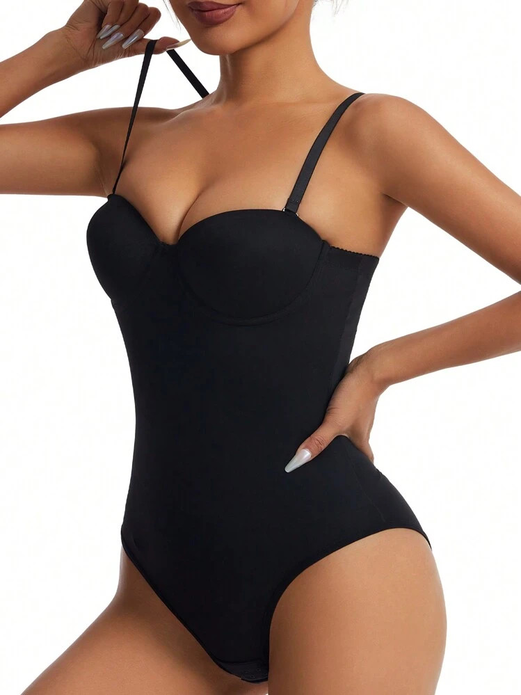 SHAPORA Women Fashionable And Elegant Cup Detail Black Bodysuit | SHEIN