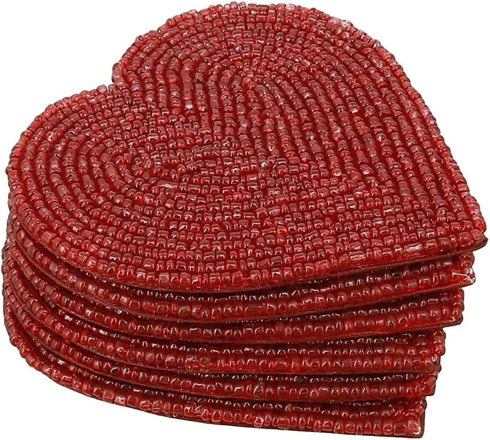 ITOS365 Handmade Beaded Heart Coaster Set With 6 Red, 4" Coasters - Heat-Resistant Polyester Back... | Amazon (US)