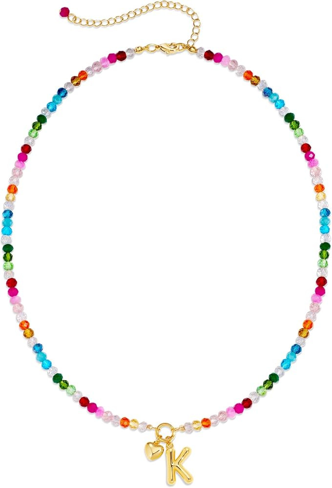 Colorful Beaded Initial Necklace for Women - Colorful Letter A-Z Necklaces, 14K Gold Plated Bubbl... | Amazon (US)