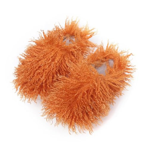SHEKAKO Women's Faux Fur Slippers, Fluffy Long Hair Sheep Slip-on Slides, Luxury Outdoor Flat Slippers, Non-Slip Warm Home Shoes(Orange, Size 9.5-10) | Amazon (US)